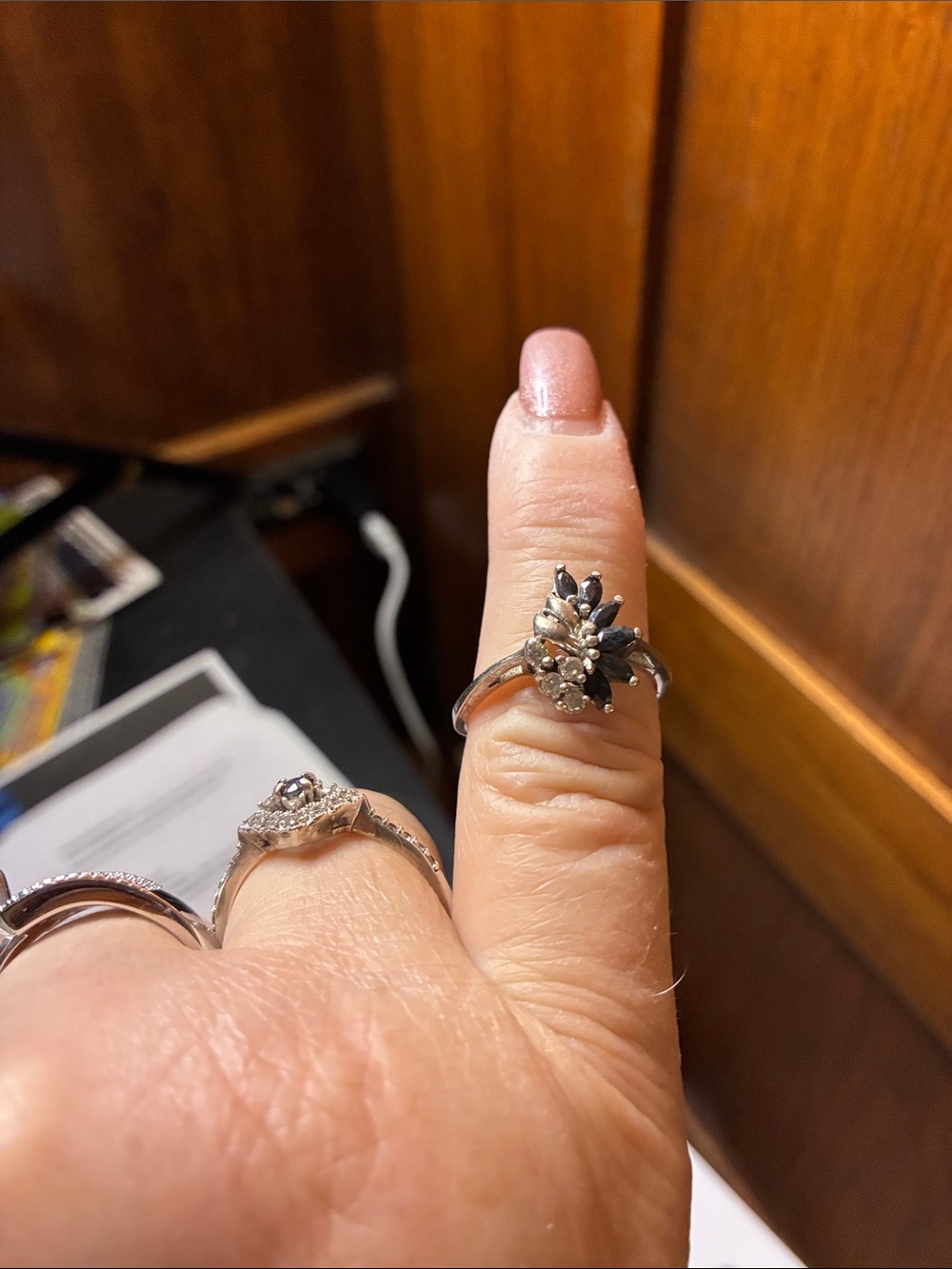 9.25 Silver Floral Cluster Ring with Black and Clear Stones